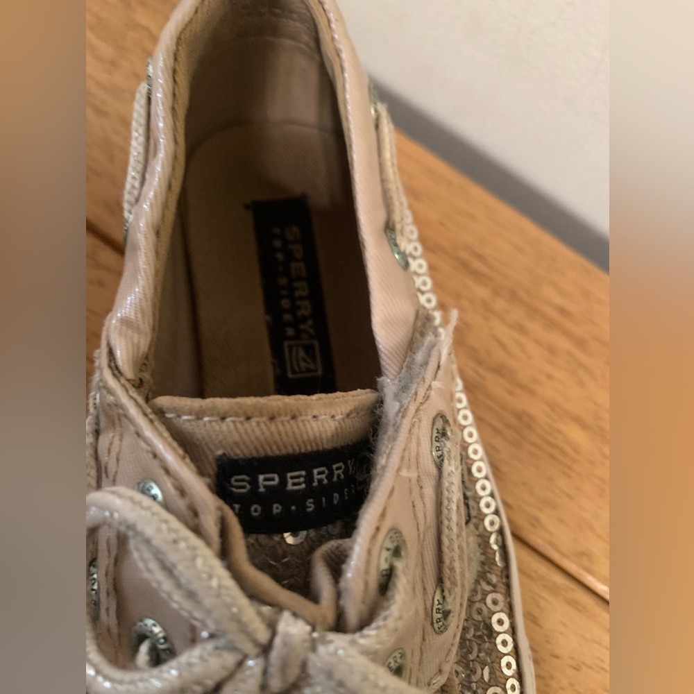 Sperry Bahama Jr Silver Top Sliders Velcro Gold Sequin Toddler Size 8.5M - Picture 4 of 8